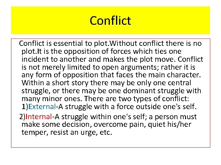 Conflict is essential to plot. Without conflict there is no plot. It is the