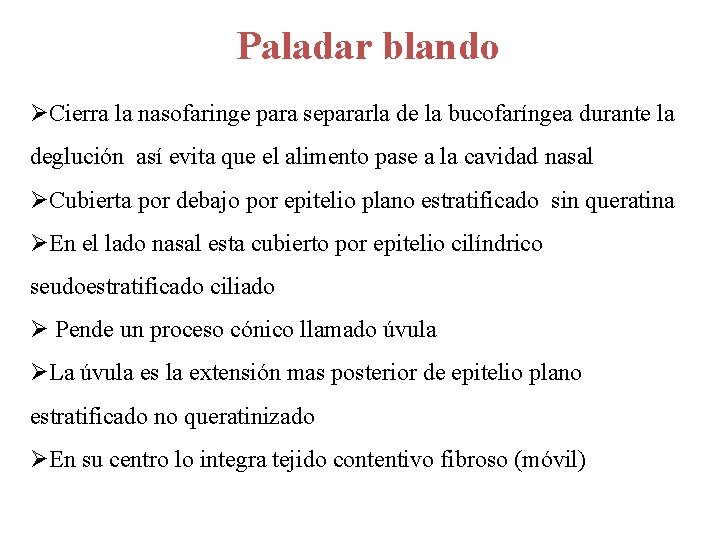 Paladar blando ØCierra la nasofaringe para separarla de la bucofaríngea durante la deglución así