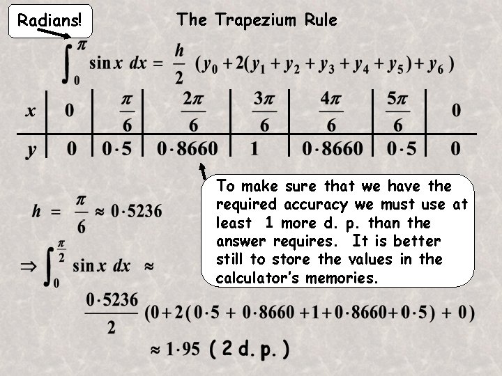 Radians! The Trapezium Rule To make sure that we have the required accuracy we