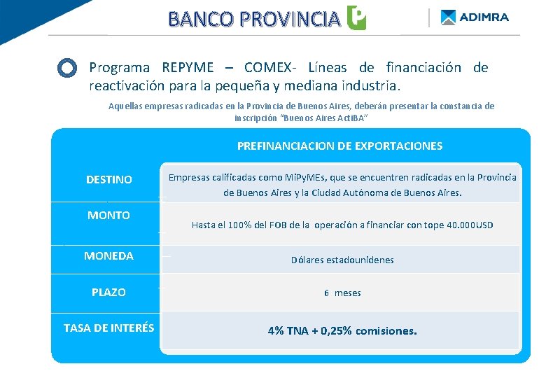 BANCO PROVINCIA - Re. Py. ME FINANCIAMIENTO DE BUENOS AIRES Programa REPYME – COMEX-