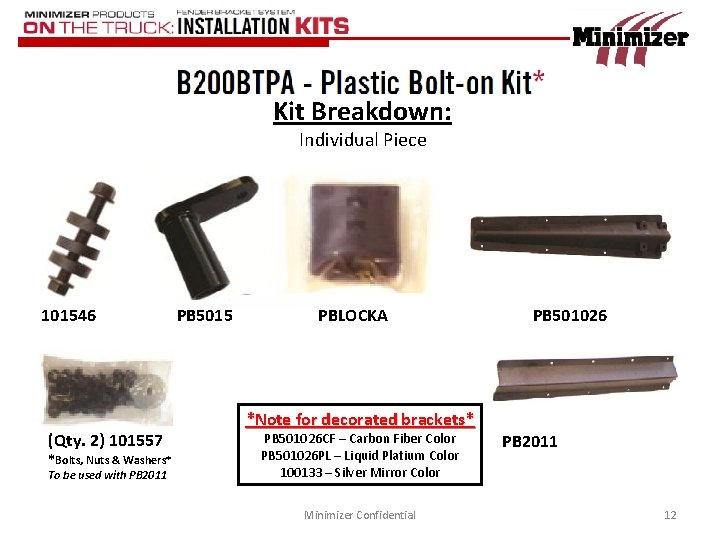 Kit Breakdown: Individual Piece 101546 (Qty. 2) 101557 *Bolts, Nuts & Washers* To be