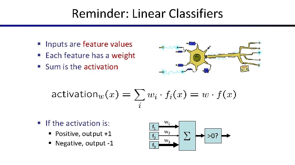 Reminder: Linear Classifiers § Inputs are feature values § Each feature has a weight