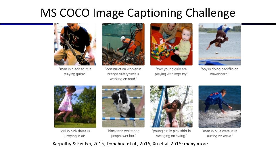 MS COCO Image Captioning Challenge Karpathy & Fei-Fei, 2015; Donahue et al. , 2015;