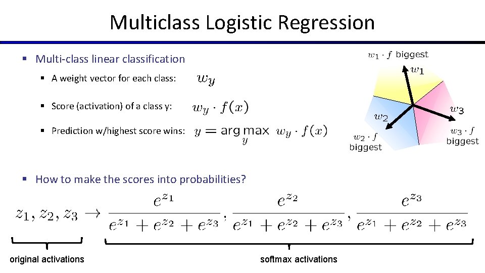 Multiclass Logistic Regression § Multi-class linear classification § A weight vector for each class: