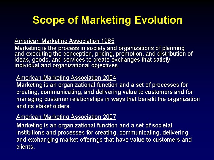 Scope of Marketing Evolution American Marketing Association 1985 Marketing is the process in society