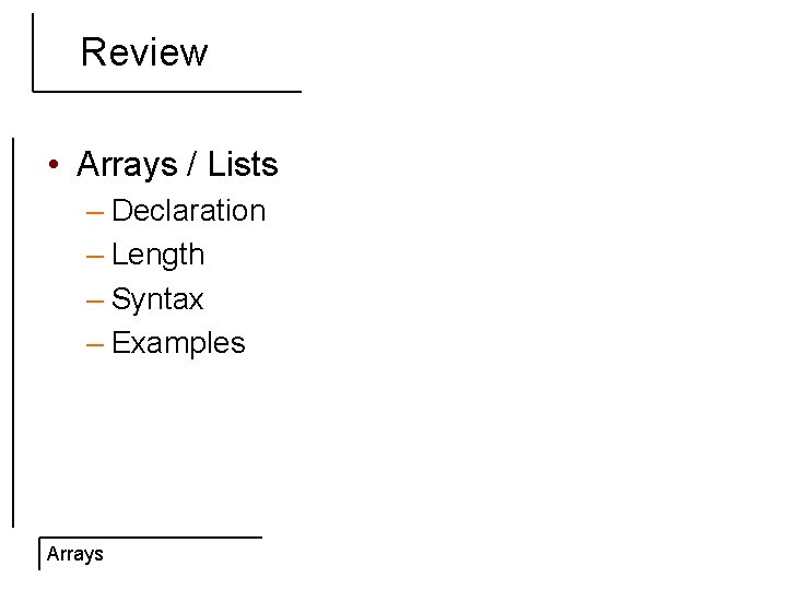 Review • Arrays / Lists – Declaration – Length – Syntax – Examples Arrays