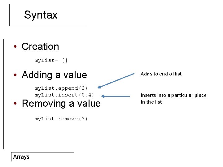 Syntax • Creation my. List= [] • Adding a value my. List. append(3) my.