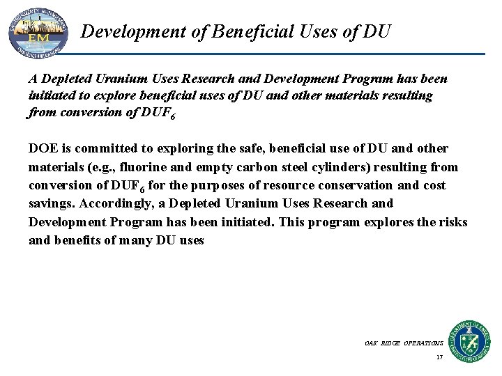 Development of Beneficial Uses of DU A Depleted Uranium Uses Research and Development Program Development of Beneficial Uses of DU A Depleted Uranium Uses Research and Development Program