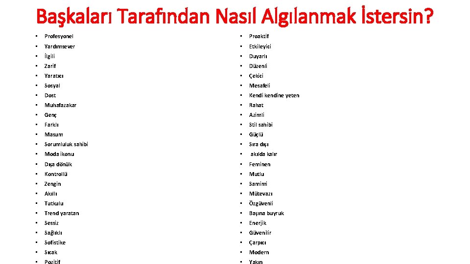 Başkaları Tarafından Nasıl Algılanmak İstersin? • Profesyonel • Proaktif • Yardımsever • Etkileyici • Başkaları Tarafından Nasıl Algılanmak İstersin? • Profesyonel • Proaktif • Yardımsever • Etkileyici •