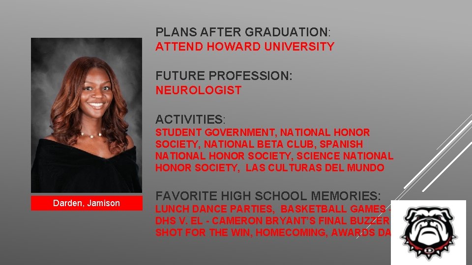 PLANS AFTER GRADUATION: ATTEND HOWARD UNIVERSITY FUTURE PROFESSION: NEUROLOGIST ACTIVITIES: STUDENT GOVERNMENT, NATIONAL HONOR