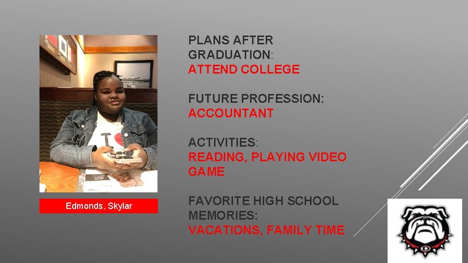 PLANS AFTER GRADUATION: ATTEND COLLEGE FUTURE PROFESSION: ACCOUNTANT ACTIVITIES: READING, PLAYING VIDEO GAME Edmonds,