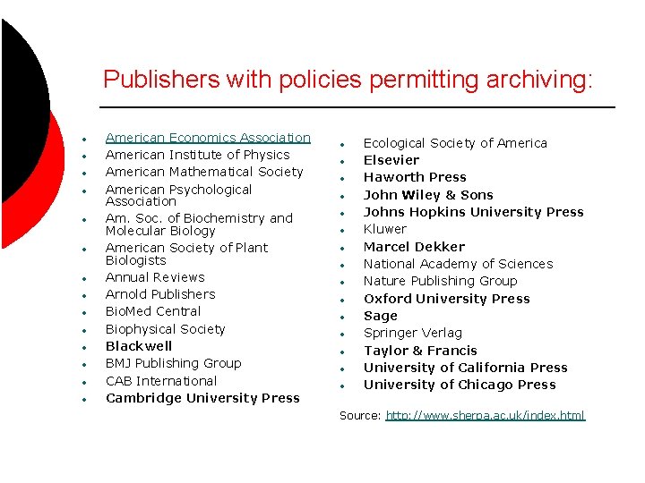 Publishers with policies permitting archiving: • • • • American Economics Association American Institute