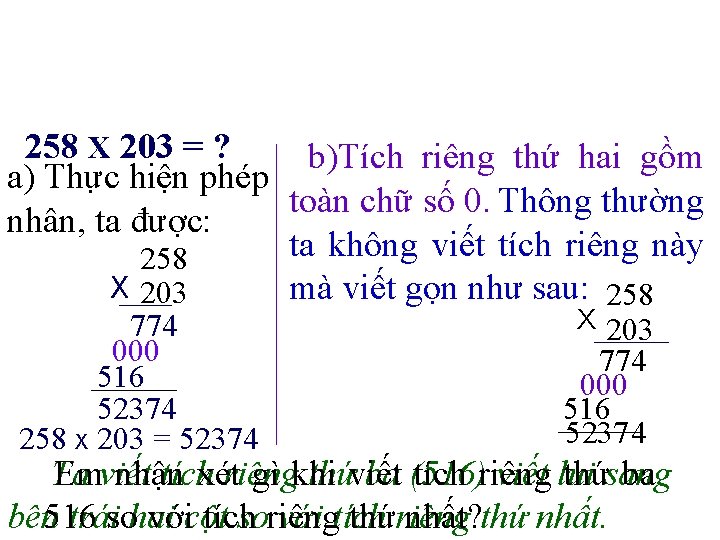 258 X 203 = ? b)Tích riêng thứ hai gồm a) Thực hiện phép