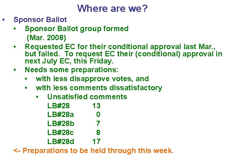 Where are we? • Sponsor Ballot • Sponsor Ballot group formed (Mar. 2008) •