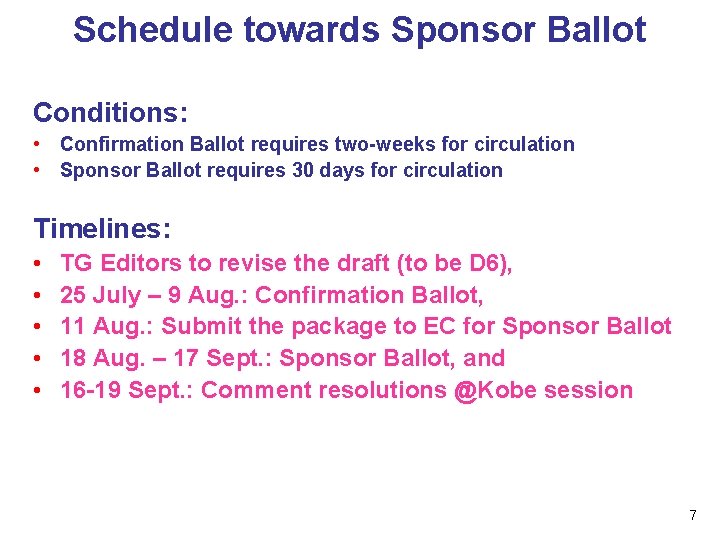 Schedule towards Sponsor Ballot Conditions: • Confirmation Ballot requires two-weeks for circulation • Sponsor