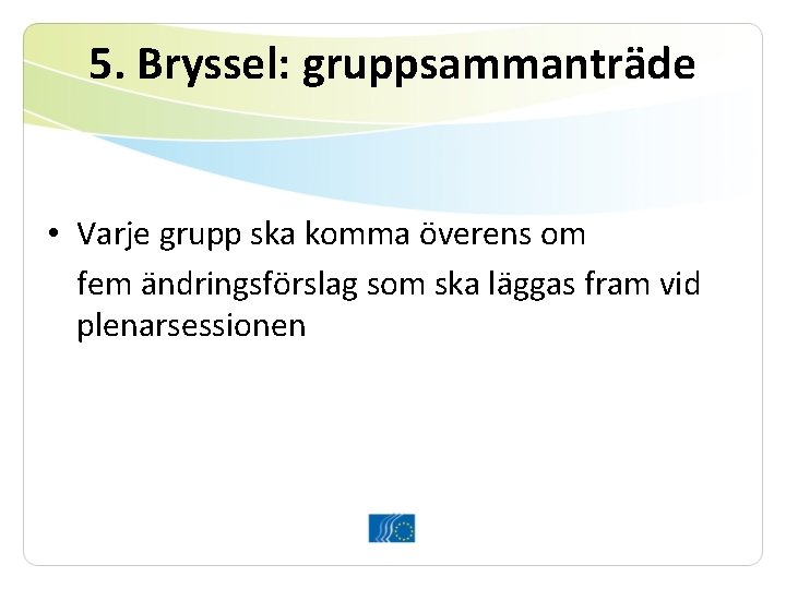 5. Bryssel: gruppsammanträde • Varje grupp ska komma överens om fem ändringsförslag som ska