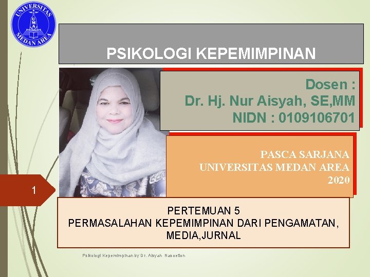 PSIKOLOGI KEPEMIMPINAN Dosen : Dr. Hj. Nur Aisyah, SE, MM NIDN : 0109106701 PASCA