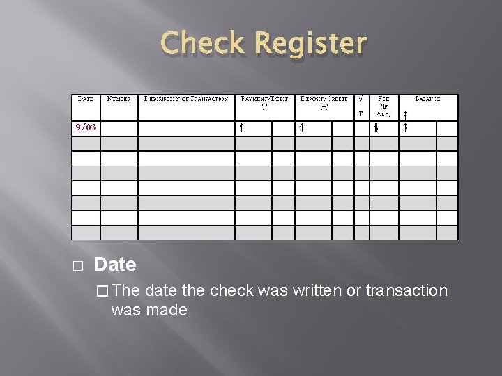 Check Register � Date � The date the check was written or transaction was