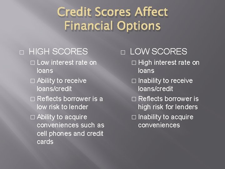 Credit Scores Affect Financial Options � HIGH SCORES � Low interest rate on loans