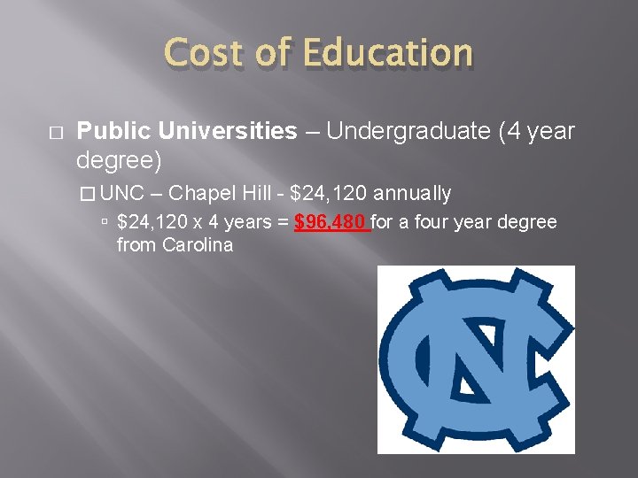 Cost of Education � Public Universities – Undergraduate (4 year degree) � UNC –