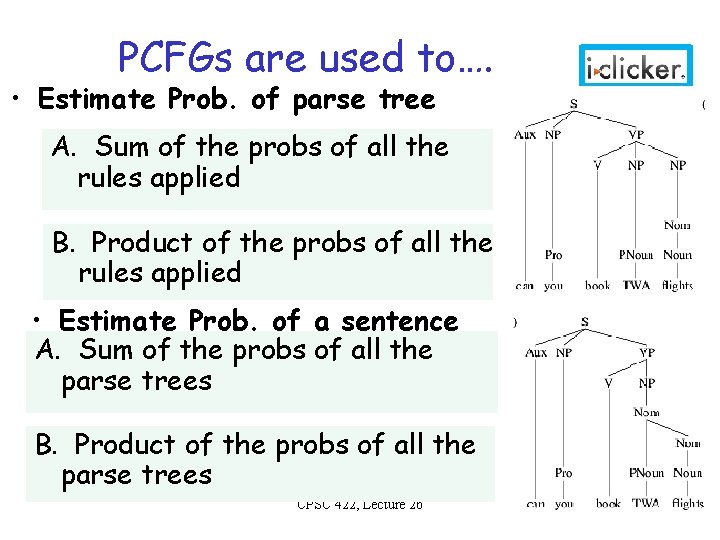 PCFGs are used to…. • Estimate Prob. of parse tree A. Sum of the