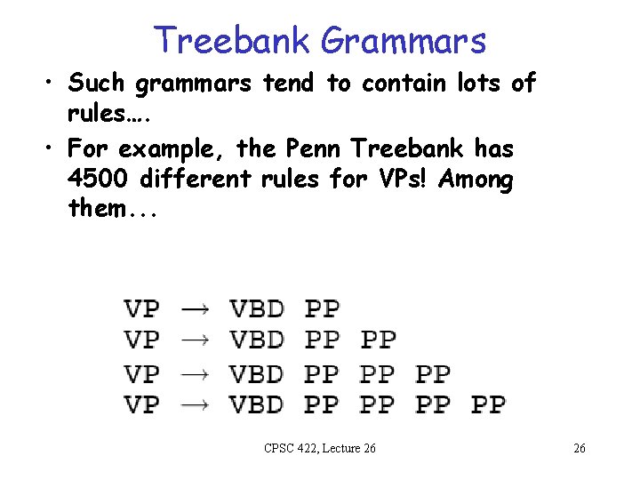 Treebank Grammars • Such grammars tend to contain lots of rules…. • For example,