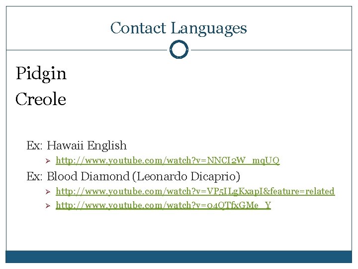 Contact Languages Pidgin Creole Ex: Hawaii English Ø http: //www. youtube. com/watch? v=NNCI 2