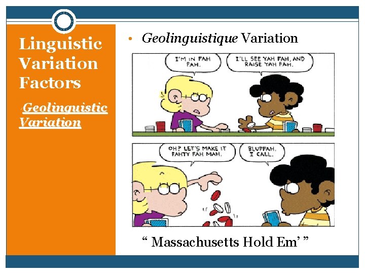 Linguistic Variation Factors • Geolinguistique Variation • Geolinguistic Variation “ Massachusetts Hold Em’ ”