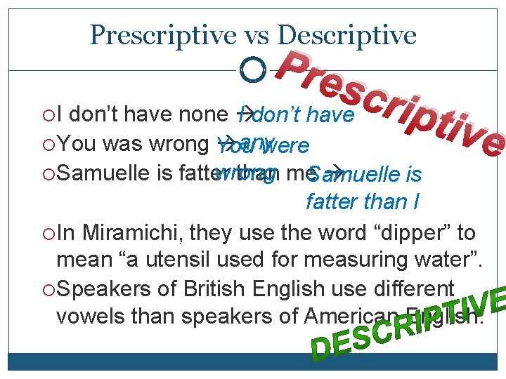 Prescriptive vs Descriptive I Pre scr ipti don’t have none I don’t have You