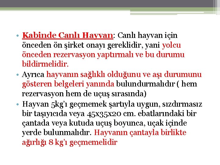  • Kabinde Canlı Hayvan: Canlı hayvan için önceden ön şirket onayı gereklidir, yani