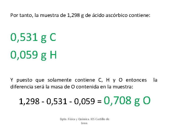 Por tanto, la muestra de 1, 298 g de ácido ascórbico contiene: 0, 531