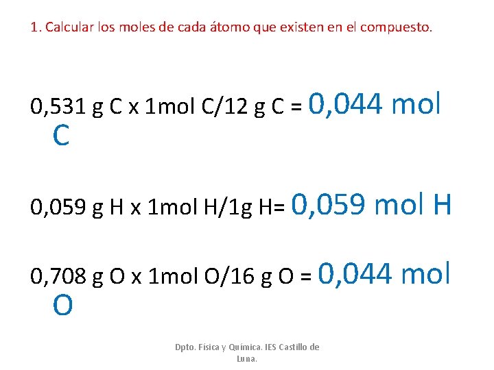 1. Calcular los moles de cada átomo que existen en el compuesto. 0, 531