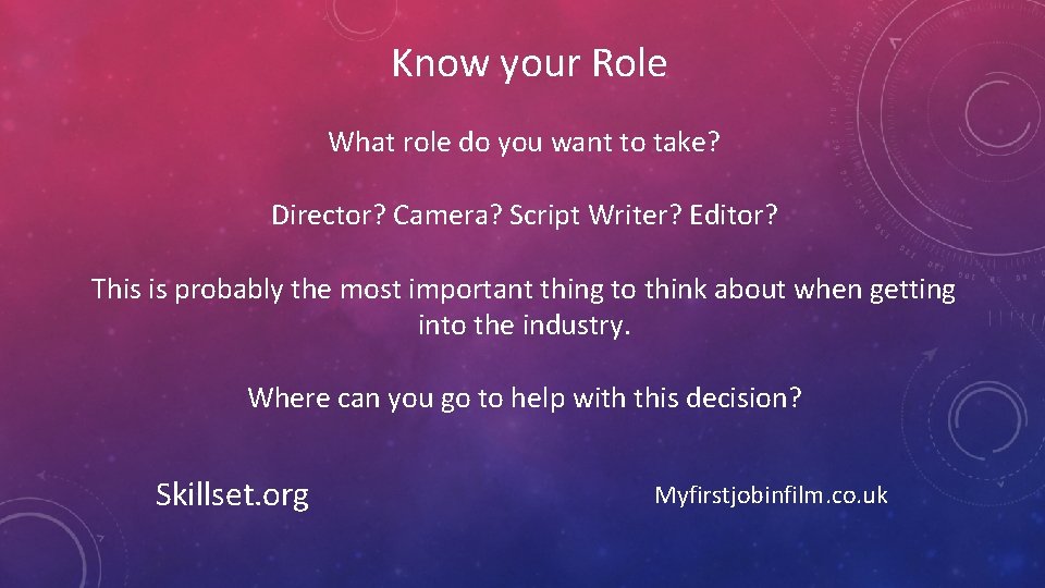 Know your Role What role do you want to take? Director? Camera? Script Writer?