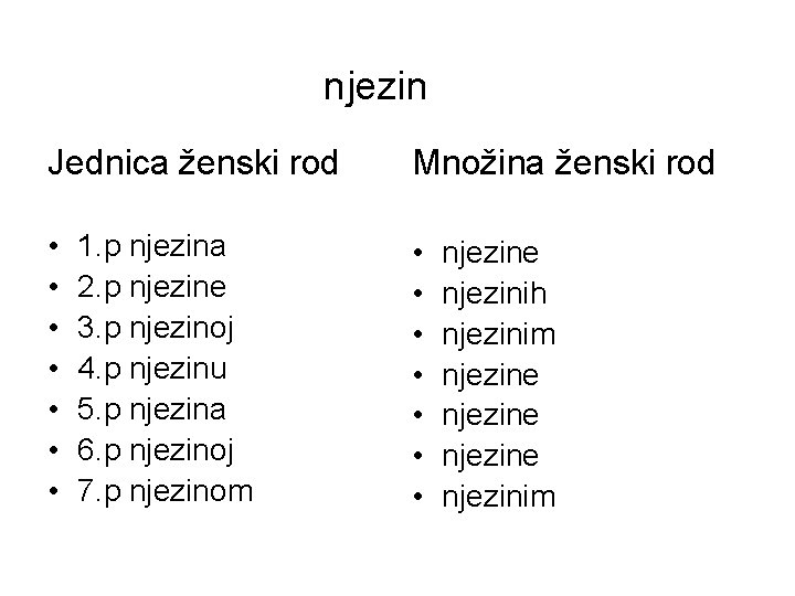 njezin Jednica ženski rod Množina ženski rod • • • • 1. p njezina