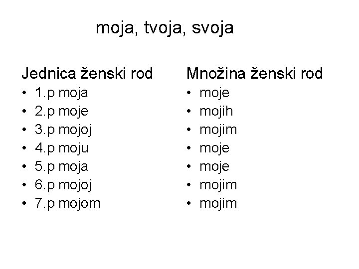 moja, tvoja, svoja Jednica ženski rod Množina ženski rod • • • • 1.