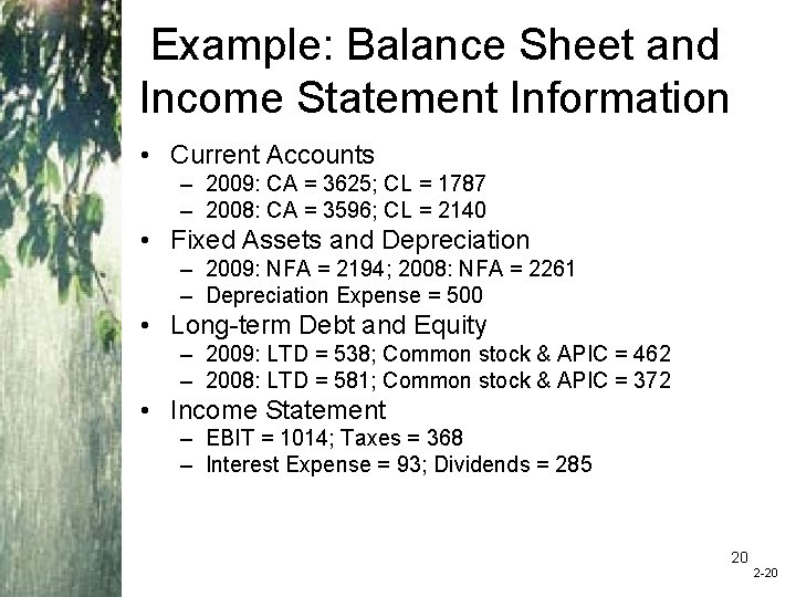 Example: Balance Sheet and Income Statement Information • Current Accounts – 2009: CA =