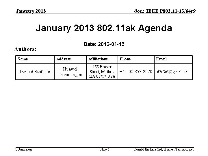 January 2013 doc. : IEEE P 802. 11 -13/64 r 9 January 2013 802.