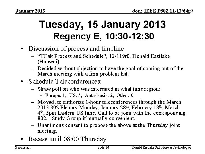 January 2013 doc. : IEEE P 802. 11 -13/64 r 9 Tuesday, 15 January