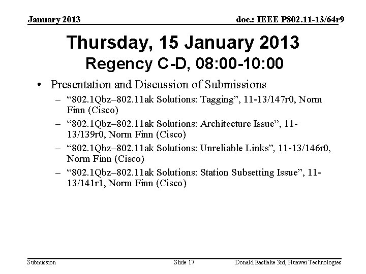 January 2013 doc. : IEEE P 802. 11 -13/64 r 9 Thursday, 15 January