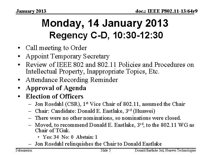 January 2013 doc. : IEEE P 802. 11 -13/64 r 9 Monday, 14 January