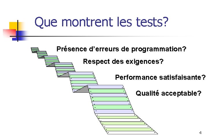 Que montrent les tests? Présence d’erreurs de programmation? Respect des exigences? Performance satisfaisante? Qualité