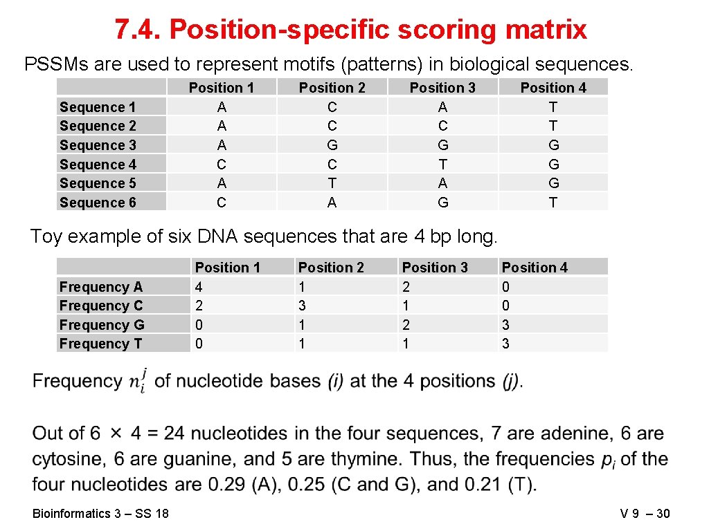 7. 4. Position-specific scoring matrix PSSMs are used to represent motifs (patterns) in biological