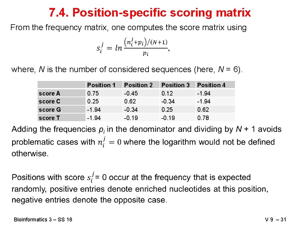 7. 4. Position-specific scoring matrix From the frequency matrix, one computes the score matrix