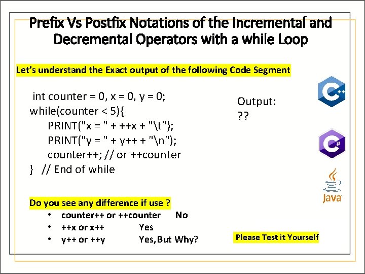 Prefix Vs Postfix Notations of the Incremental and Decremental Operators with a while Loop Prefix Vs Postfix Notations of the Incremental and Decremental Operators with a while Loop