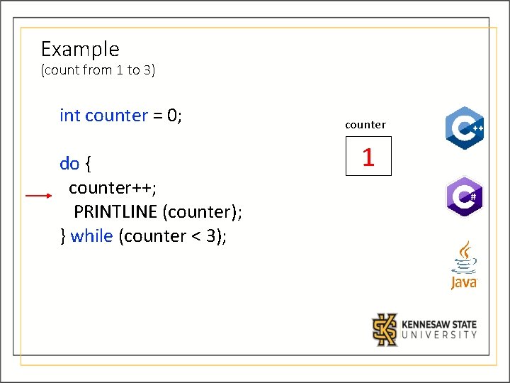 Example (count from 1 to 3) int counter = 0; do { counter++; PRINTLINE Example (count from 1 to 3) int counter = 0; do { counter++; PRINTLINE