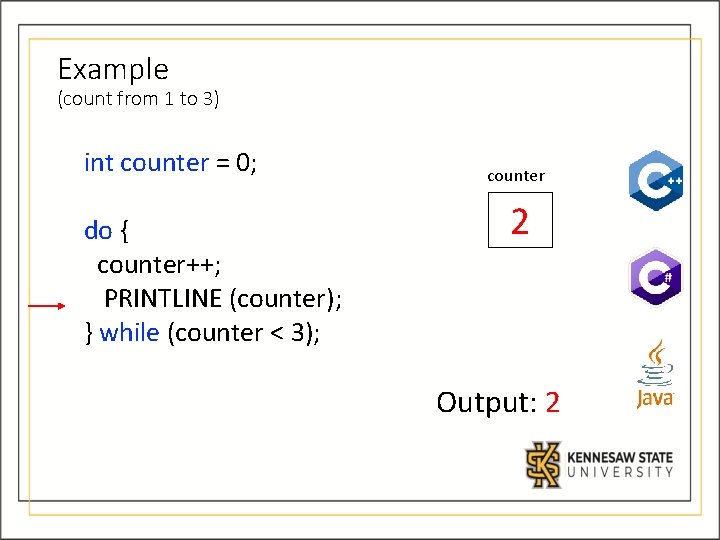 Example (count from 1 to 3) int counter = 0; do { counter++; PRINTLINE Example (count from 1 to 3) int counter = 0; do { counter++; PRINTLINE