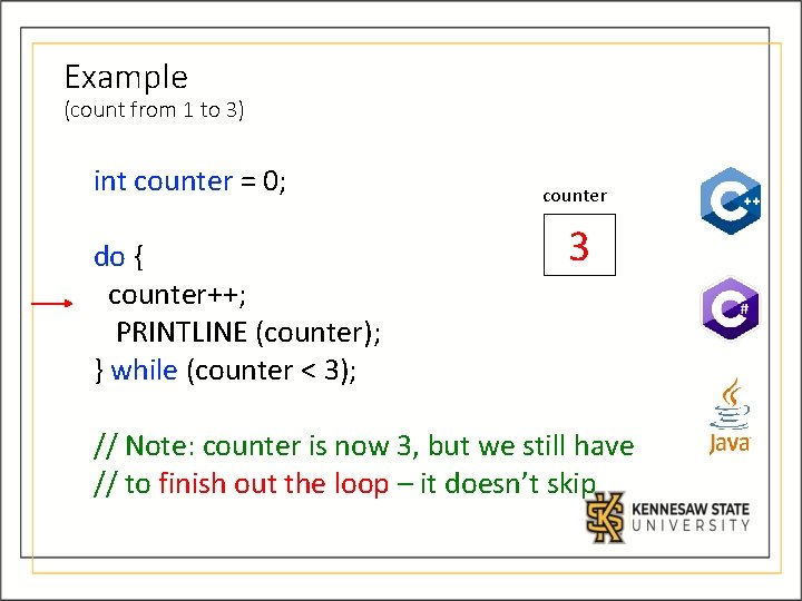 Example (count from 1 to 3) int counter = 0; do { counter++; PRINTLINE Example (count from 1 to 3) int counter = 0; do { counter++; PRINTLINE