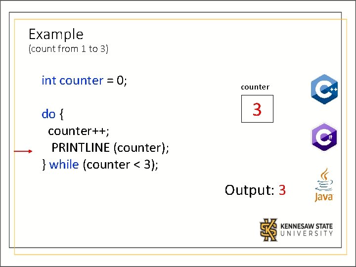 Example (count from 1 to 3) int counter = 0; do { counter++; PRINTLINE Example (count from 1 to 3) int counter = 0; do { counter++; PRINTLINE