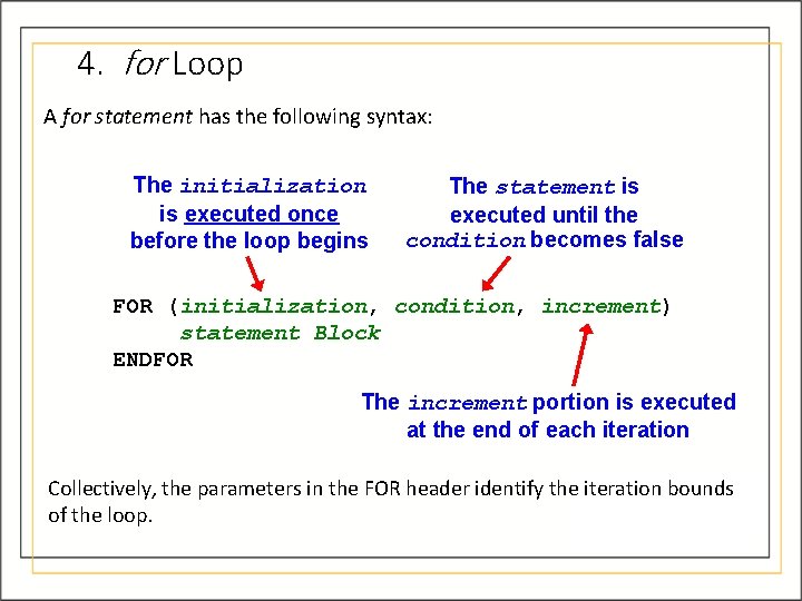 4. for Loop A for statement has the following syntax: The initialization is executed 4. for Loop A for statement has the following syntax: The initialization is executed