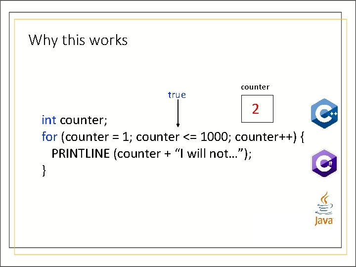 Why this works true counter 2 int counter; for (counter = 1; counter <= Why this works true counter 2 int counter; for (counter = 1; counter <=